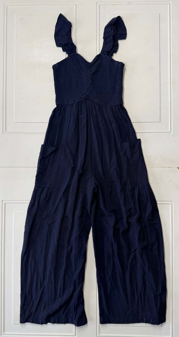 Unbranded Womens Sz S Navy Blue Ruffle Smocked Jumpsuit Pockets Rayon Linen Crop